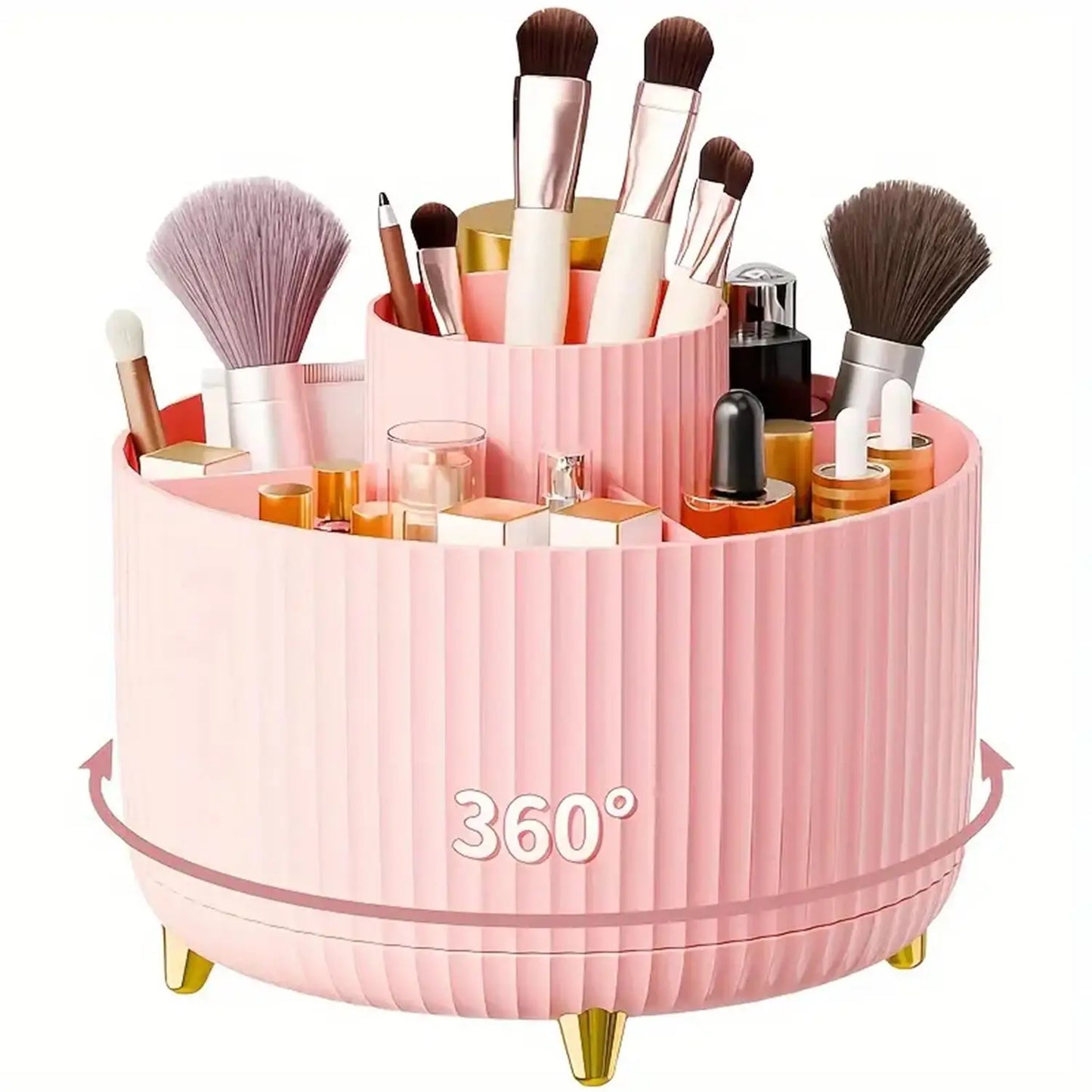 360° Rotating Makeup Organizer – 5-Compartment Cosmetic & Brush Holder