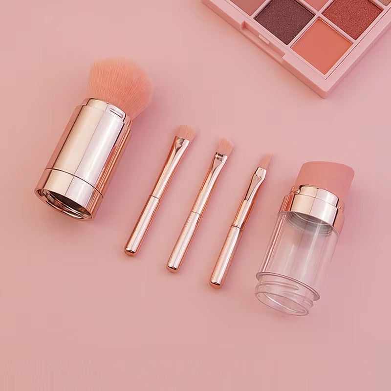 5-in-1 Portable Retractable Makeup Brush Set for Foundation, Eyebrow, Lip, Eyeshadow, and Loose Powder