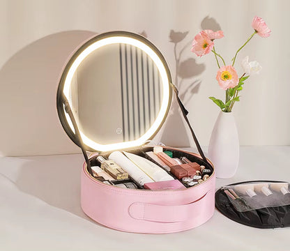 Portable Cosmetic Travel Storage Case with 2000mAh LED Rechargeable Makeup Bag and Illuminated Mirror