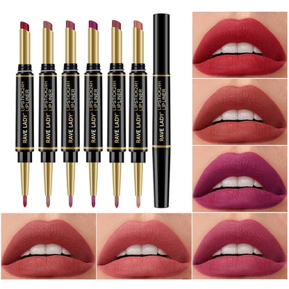 2-in-1 Matte Lipstick and Lipliner Pencil Set - 6 Colors, Waterproof, Long-Lasting, Perfect for Holiday Gifting