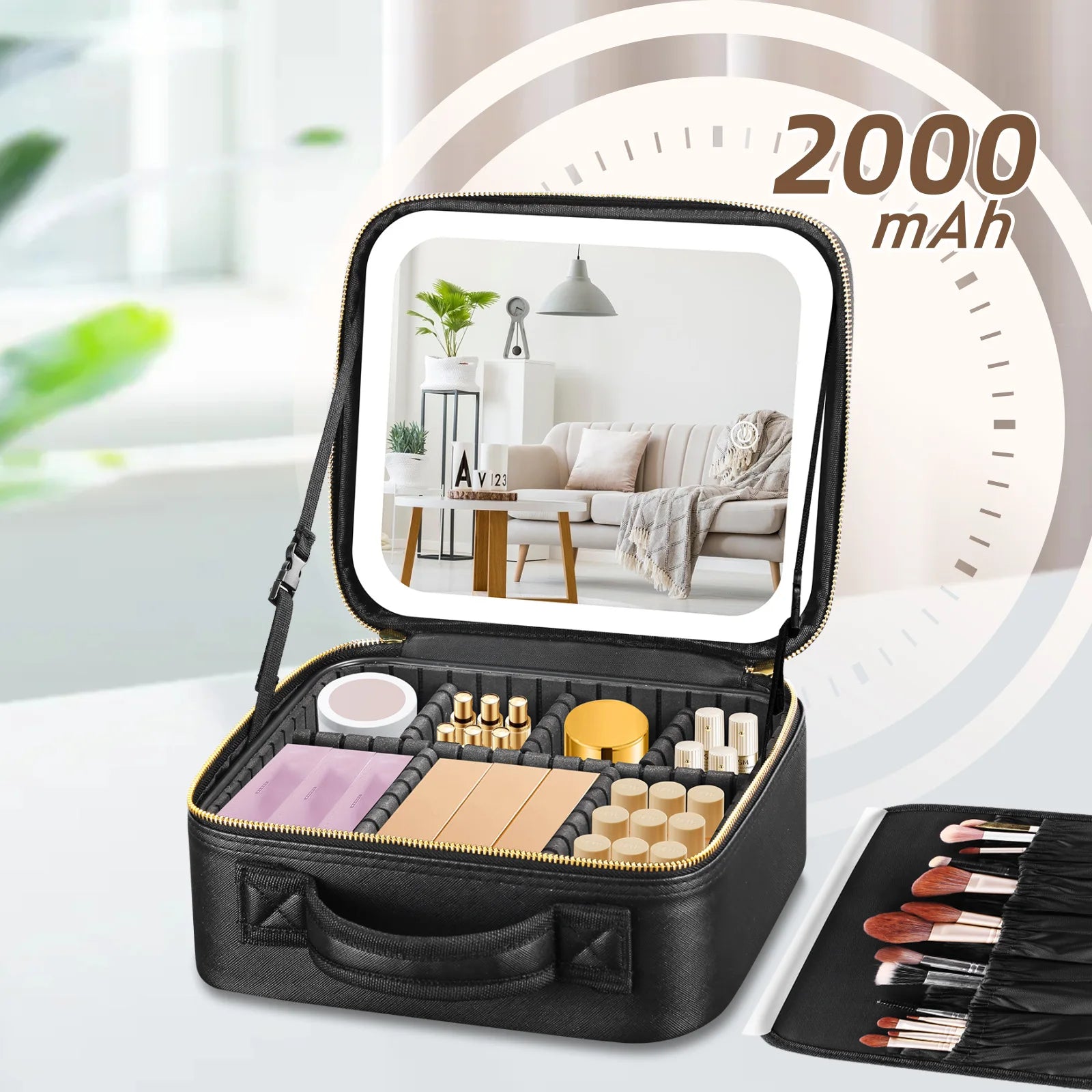 Portable Cosmetic Travel Storage Case with 2000mAh LED Rechargeable Makeup Bag and Illuminated Mirror