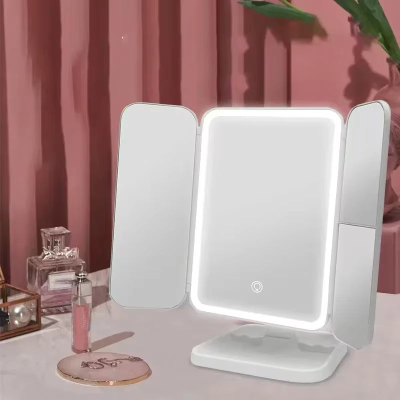 Tri-Fold LED Makeup Mirror with Smart Lighting for Enhanced Beauty Application