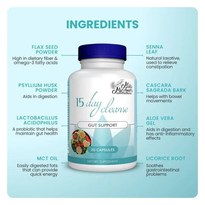 15-Day Gut and Colon Support Cleanse | Caffeine-Free Advanced Formula with Senna, Cascara Sagrada, and Psyllium Husk | Non-GMO | 30 Capsules