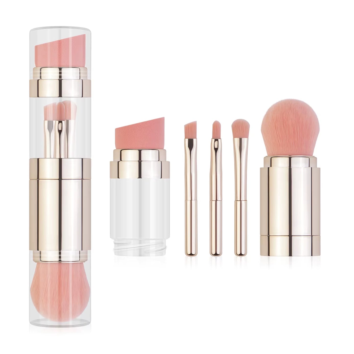 5-in-1 Portable Retractable Makeup Brush Set for Foundation, Eyebrow, Lip, Eyeshadow, and Loose Powder