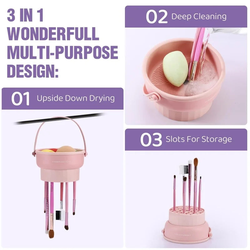 3-in-1 Silicone Makeup Brush Cleaner Mat with Foldable Washing Bowl and Drying Tools for Brushes and Sponges