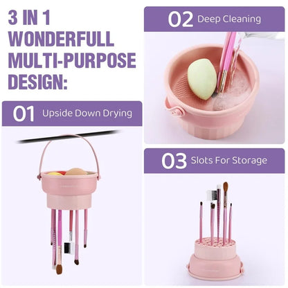 3-in-1 Silicone Makeup Brush Cleaner Mat with Foldable Washing Bowl and Drying Tools for Brushes and Sponges