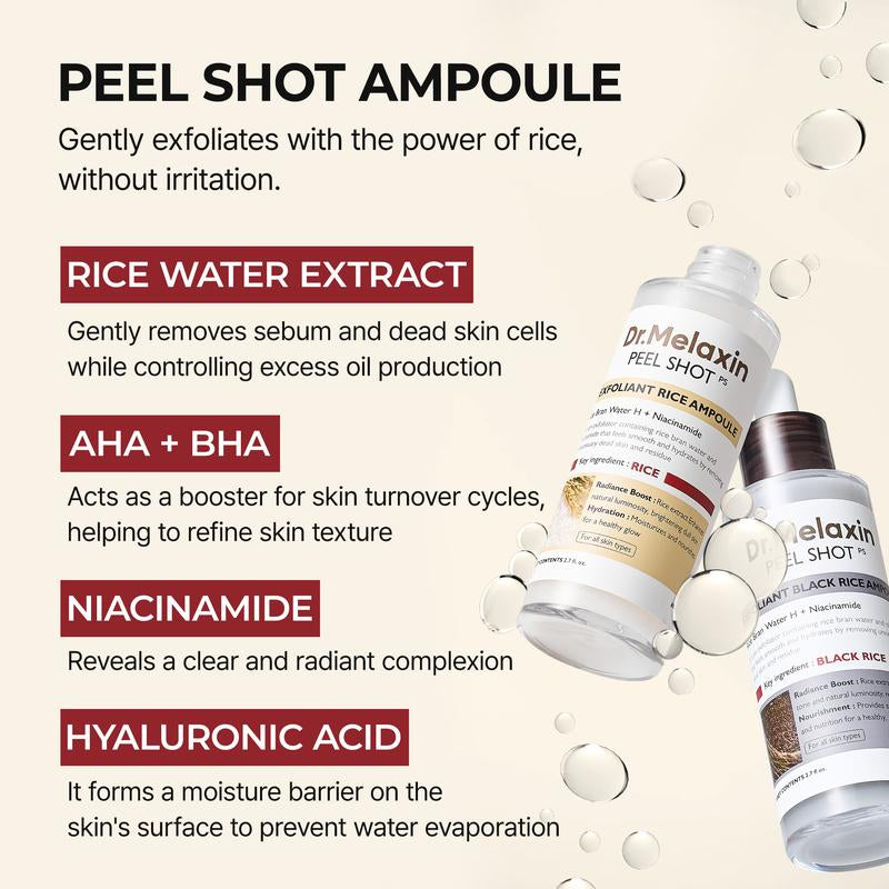 Dr. Melaxin Peel Shot Glow Rice Ampoule Duo - Brightening, Exfoliating, and Moisturizing Serums for All Skin Types