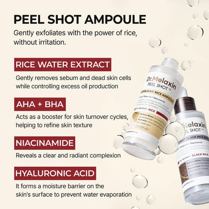 Dr. Melaxin Peel Shot Glow Rice Ampoule Duo - Brightening, Exfoliating, and Moisturizing Serums for All Skin Types