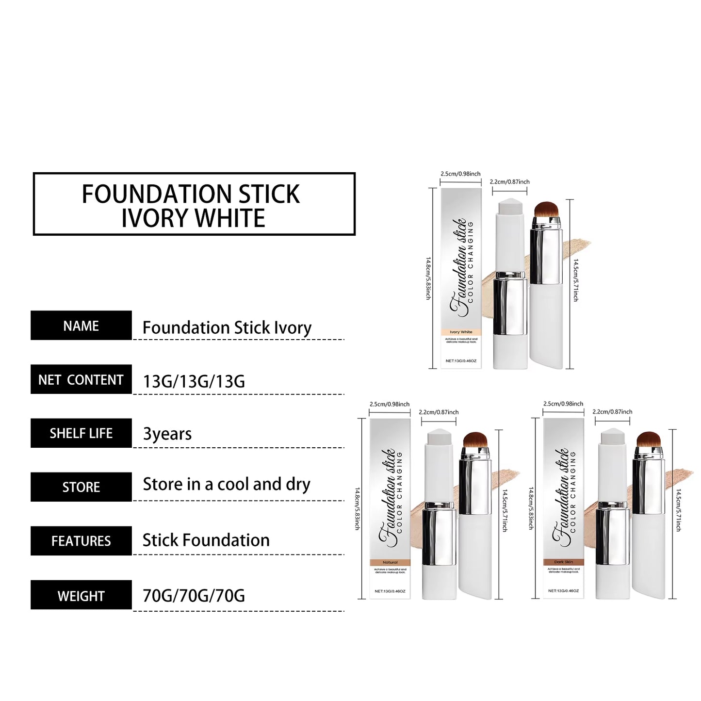Dual-Ended Foundation Stick with Brush - Lightweight Moisturizing Concealer in 3 Shades, Matte Finish