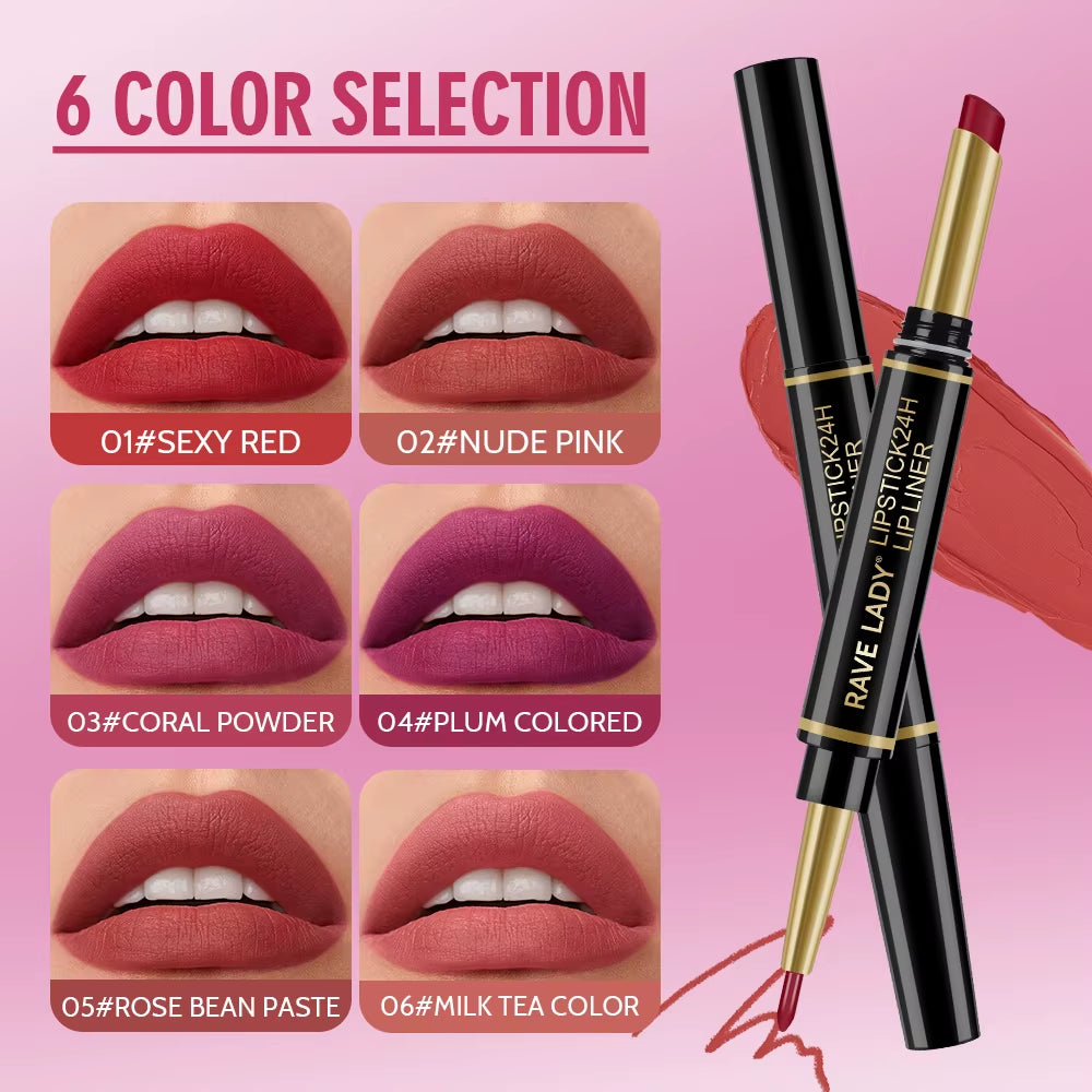 2-in-1 Matte Lipstick and Lipliner Pencil Set - 6 Colors, Waterproof, Long-Lasting, Perfect for Holiday Gifting