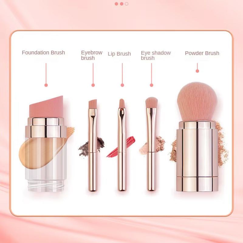 5-in-1 Portable Retractable Makeup Brush Set for Foundation, Eyebrow, Lip, Eyeshadow, and Loose Powder