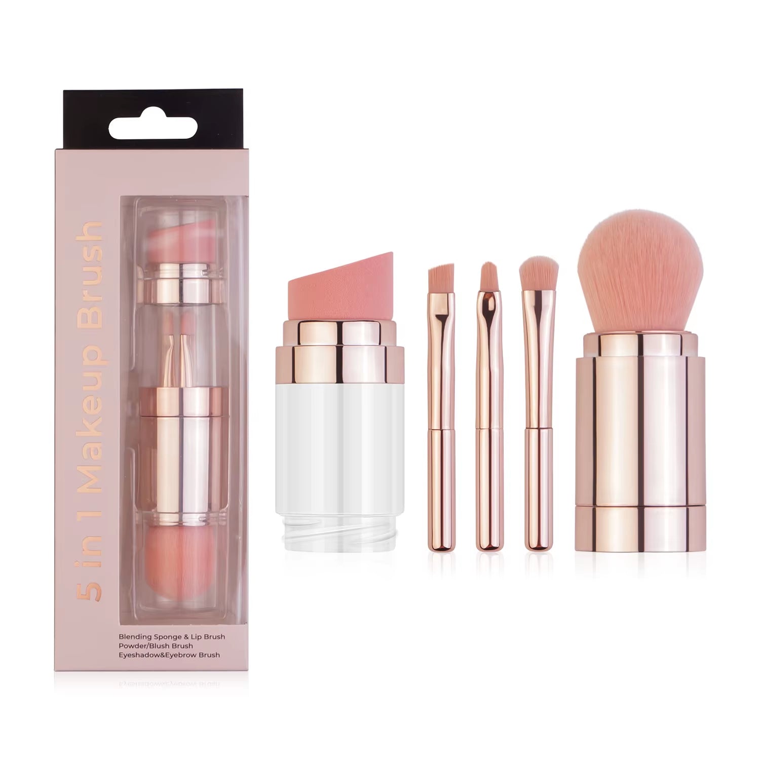 5-in-1 Portable Retractable Makeup Brush Set for Foundation, Eyebrow, Lip, Eyeshadow, and Loose Powder