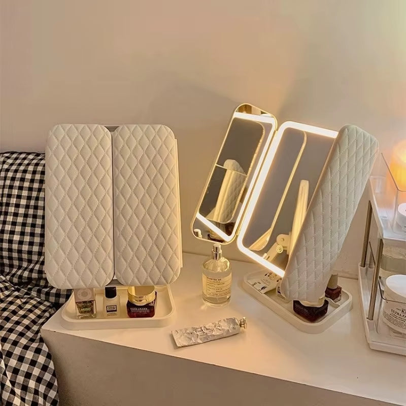 Tri-Fold LED Makeup Mirror with Smart Lighting for Enhanced Beauty Application
