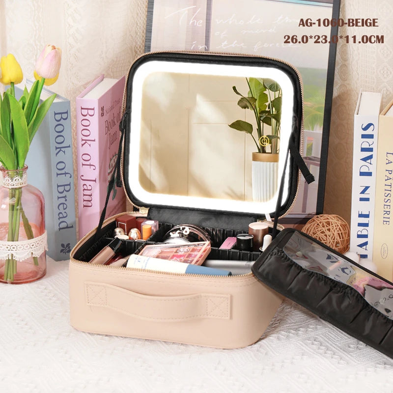 Portable Cosmetic Travel Storage Case with 2000mAh LED Rechargeable Makeup Bag and Illuminated Mirror