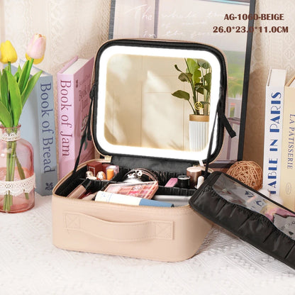 Portable Cosmetic Travel Storage Case with 2000mAh LED Rechargeable Makeup Bag and Illuminated Mirror