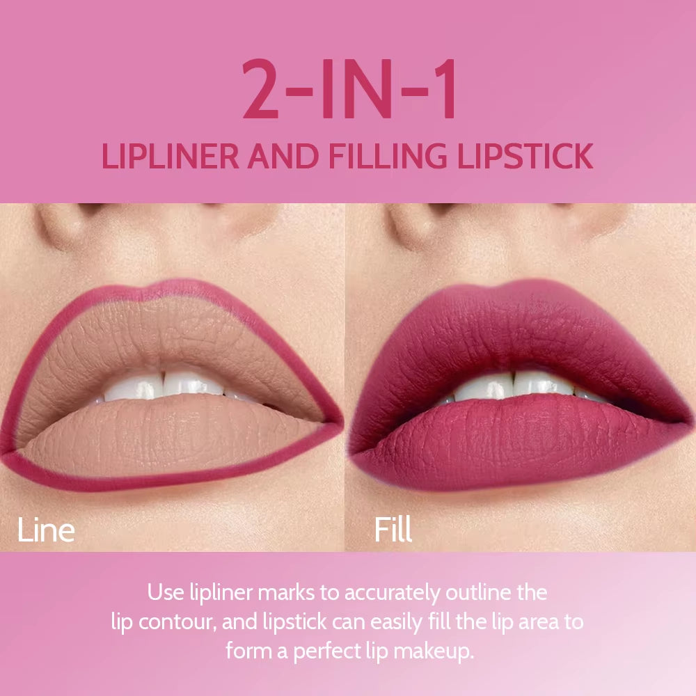 2-in-1 Matte Lipstick and Lipliner Pencil Set - 6 Colors, Waterproof, Long-Lasting, Perfect for Holiday Gifting