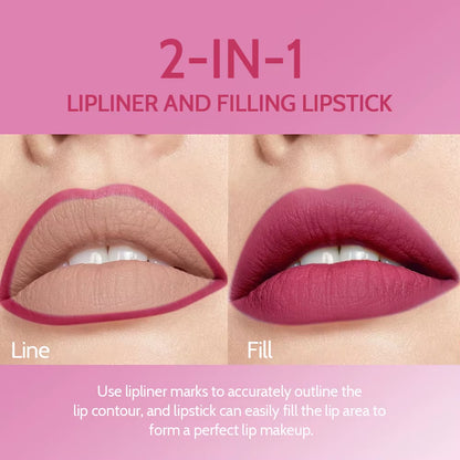 2-in-1 Matte Lipstick and Lipliner Pencil Set - 6 Colors, Waterproof, Long-Lasting, Perfect for Holiday Gifting