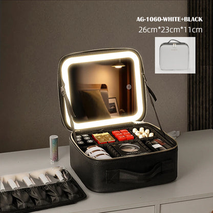 Portable Cosmetic Travel Storage Case with 2000mAh LED Rechargeable Makeup Bag and Illuminated Mirror