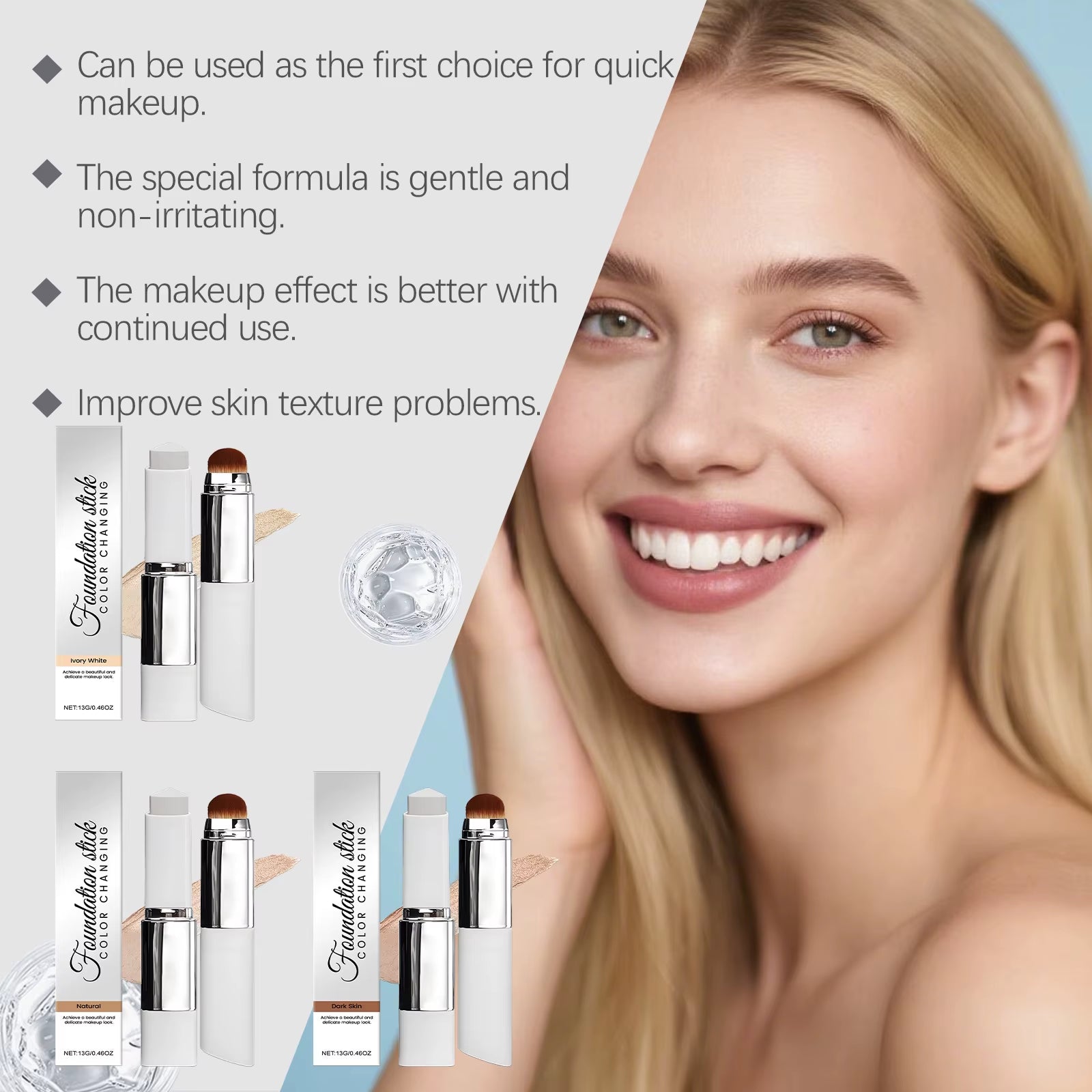 Dual-Ended Foundation Stick with Brush - Lightweight Moisturizing Concealer in 3 Shades, Matte Finish