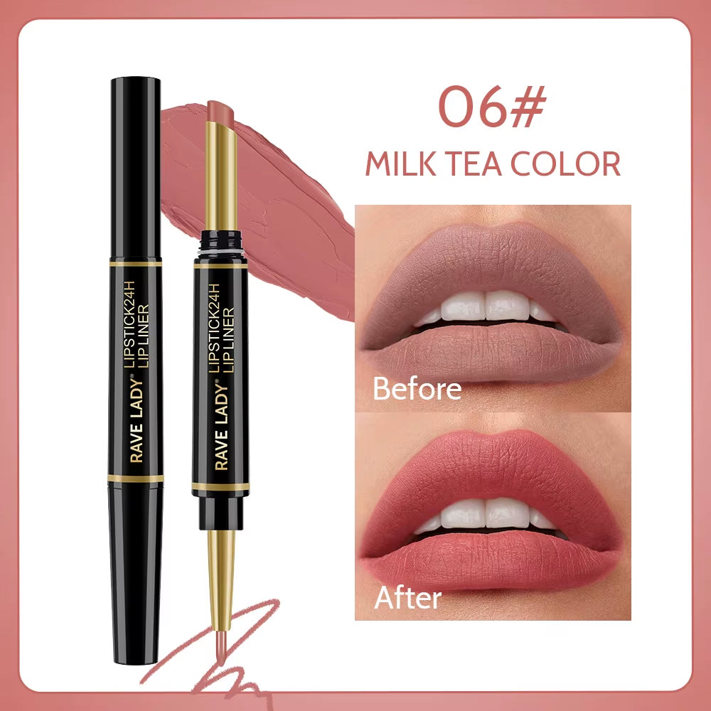 2-in-1 Matte Lipstick and Lipliner Pencil Set - 6 Colors, Waterproof, Long-Lasting, Perfect for Holiday Gifting