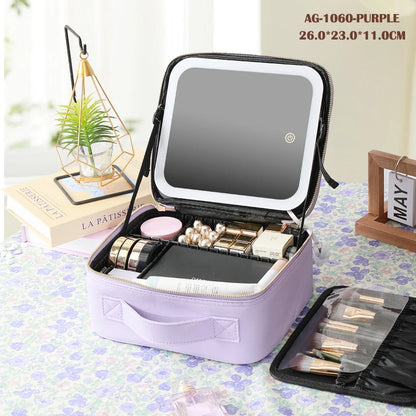 Portable Cosmetic Travel Storage Case with 2000mAh LED Rechargeable Makeup Bag and Illuminated Mirror