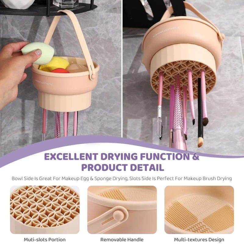 3-in-1 Silicone Makeup Brush Cleaner Mat with Foldable Washing Bowl and Drying Tools for Brushes and Sponges