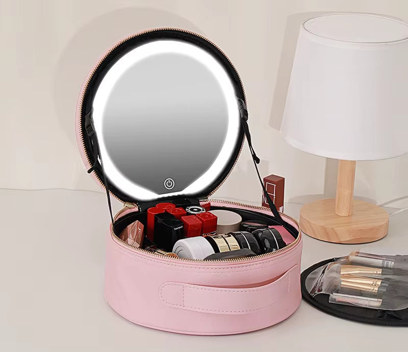 Portable Cosmetic Travel Storage Case with 2000mAh LED Rechargeable Makeup Bag and Illuminated Mirror