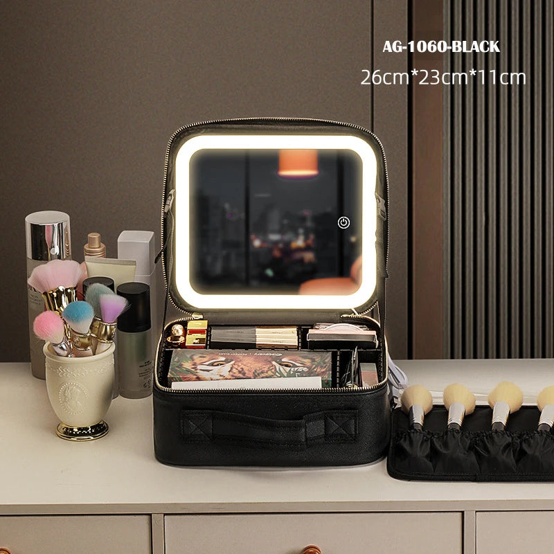 Portable Cosmetic Travel Storage Case with 2000mAh LED Rechargeable Makeup Bag and Illuminated Mirror