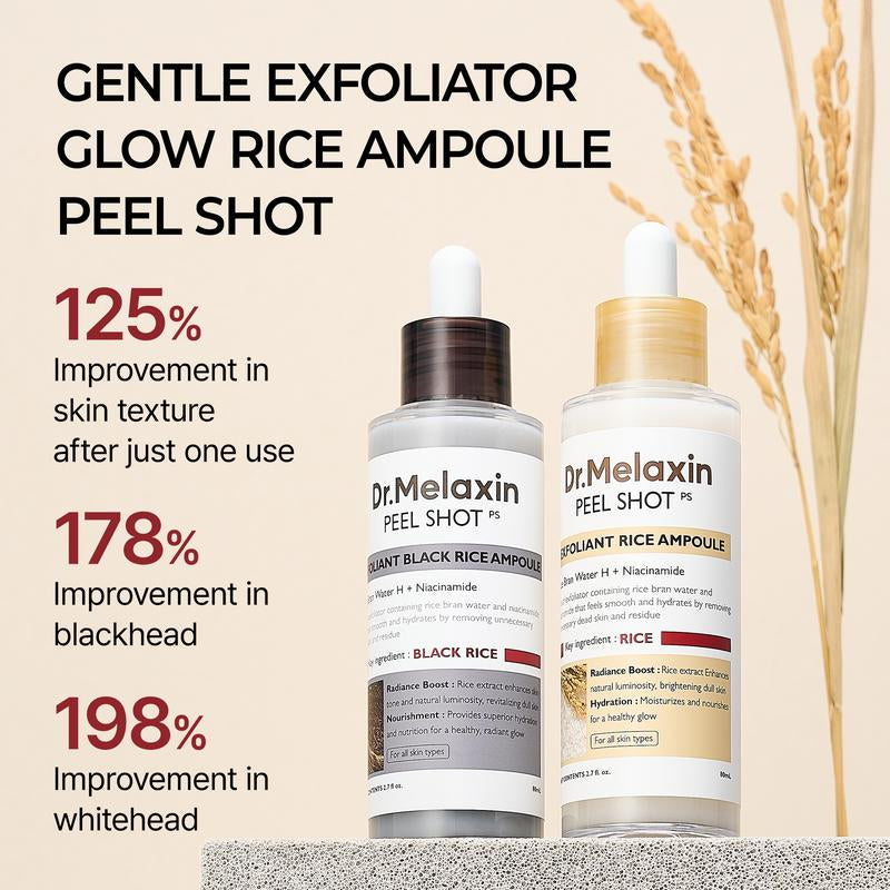 Dr. Melaxin Peel Shot Glow Rice Ampoule Duo - Brightening, Exfoliating, and Moisturizing Serums for All Skin Types