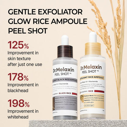 Dr. Melaxin Peel Shot Glow Rice Ampoule Duo - Brightening, Exfoliating, and Moisturizing Serums for All Skin Types
