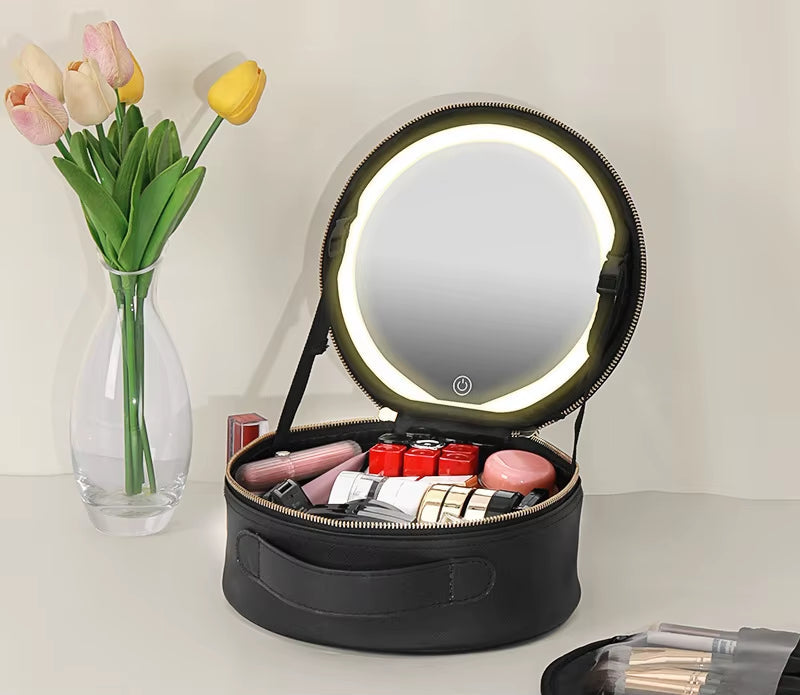 Portable Cosmetic Travel Storage Case with 2000mAh LED Rechargeable Makeup Bag and Illuminated Mirror