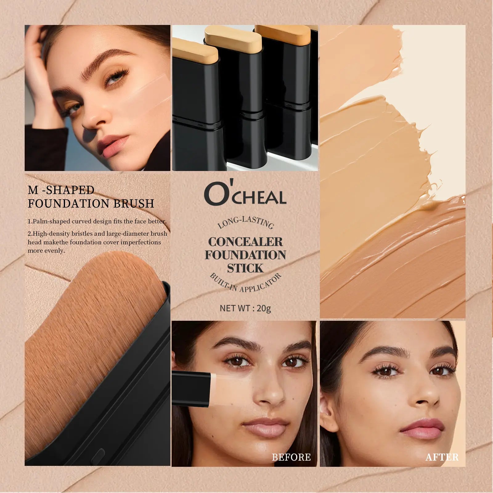 2-in-1 Concealer Stick with Brush - Waterproof Flawless Coverage Hydrating Long-Wearing Foundation for Women and Girls - Lightweight Matte Finish