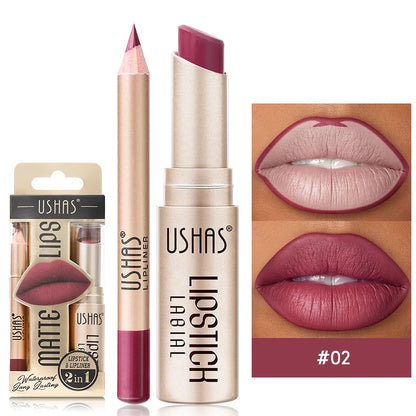 Professional 2PCS Lip Liner Lipstick Set Matte Finish High Pigment Long Lasting Waterproof Sweatproof Cosmetic Beauty Kit