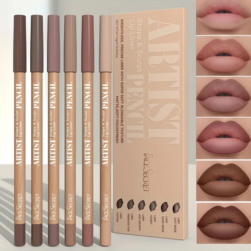 6pcs Matte Lip Liner Pencils – Smooth, Long-Lasting, All Skin Types