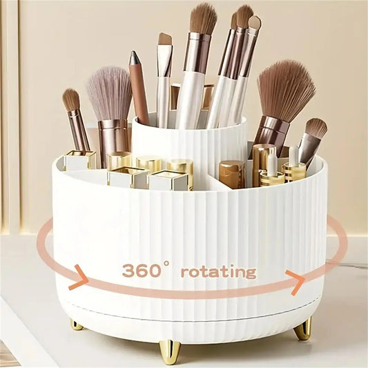 360° Rotating Makeup Organizer – 5-Compartment Cosmetic & Brush Holder