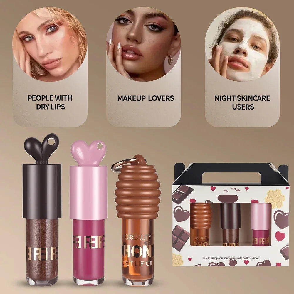 3Pcs Honey Infused Hydrating Lip Oil Nourishing for Dry Lips,High Shine,Fresh Honey Scent,Lip Gloss,Moisturizing Lip Makeup