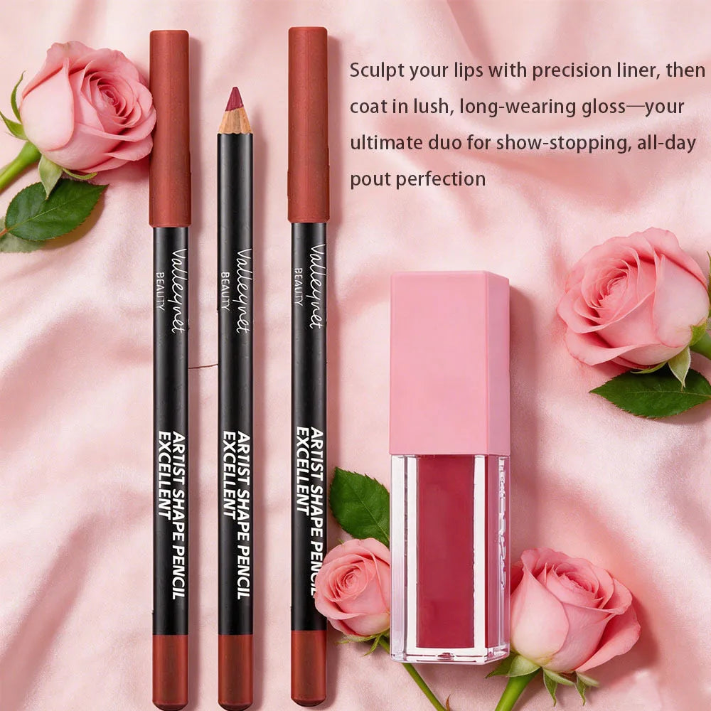 4Pcs Lip Set:3 Precision Lipliners+1Plumping High-Shine Gloss. Shapes, defines, locks color&boosts lips for daily elegance