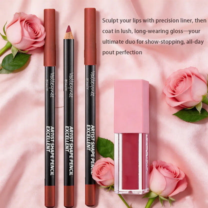 4Pcs Lip Set:3 Precision Lipliners+1Plumping High-Shine Gloss. Shapes, defines, locks color&boosts lips for daily elegance