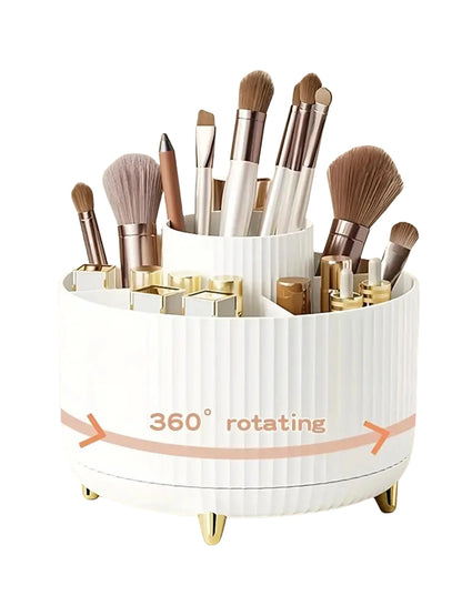360° Rotating Makeup Organizer – 5-Compartment Cosmetic & Brush Holder