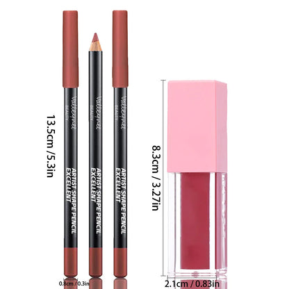 4Pcs Lip Set:3 Precision Lipliners+1Plumping High-Shine Gloss. Shapes, defines, locks color&boosts lips for daily elegance