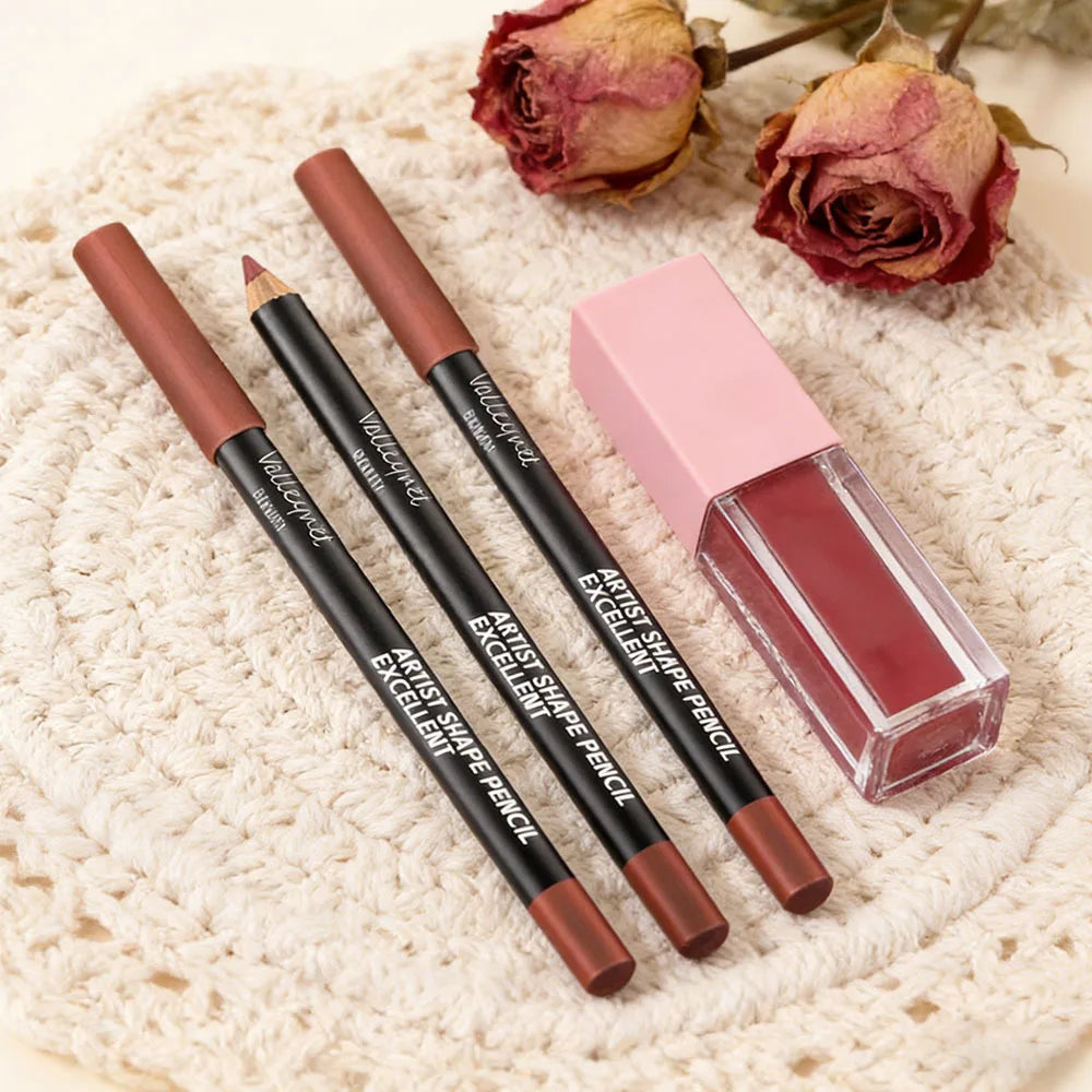 4Pcs Lip Set:3 Precision Lipliners+1Plumping High-Shine Gloss. Shapes, defines, locks color&boosts lips for daily elegance