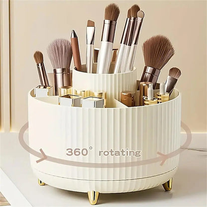 360° Rotating Makeup Organizer – 5-Compartment Cosmetic & Brush Holder