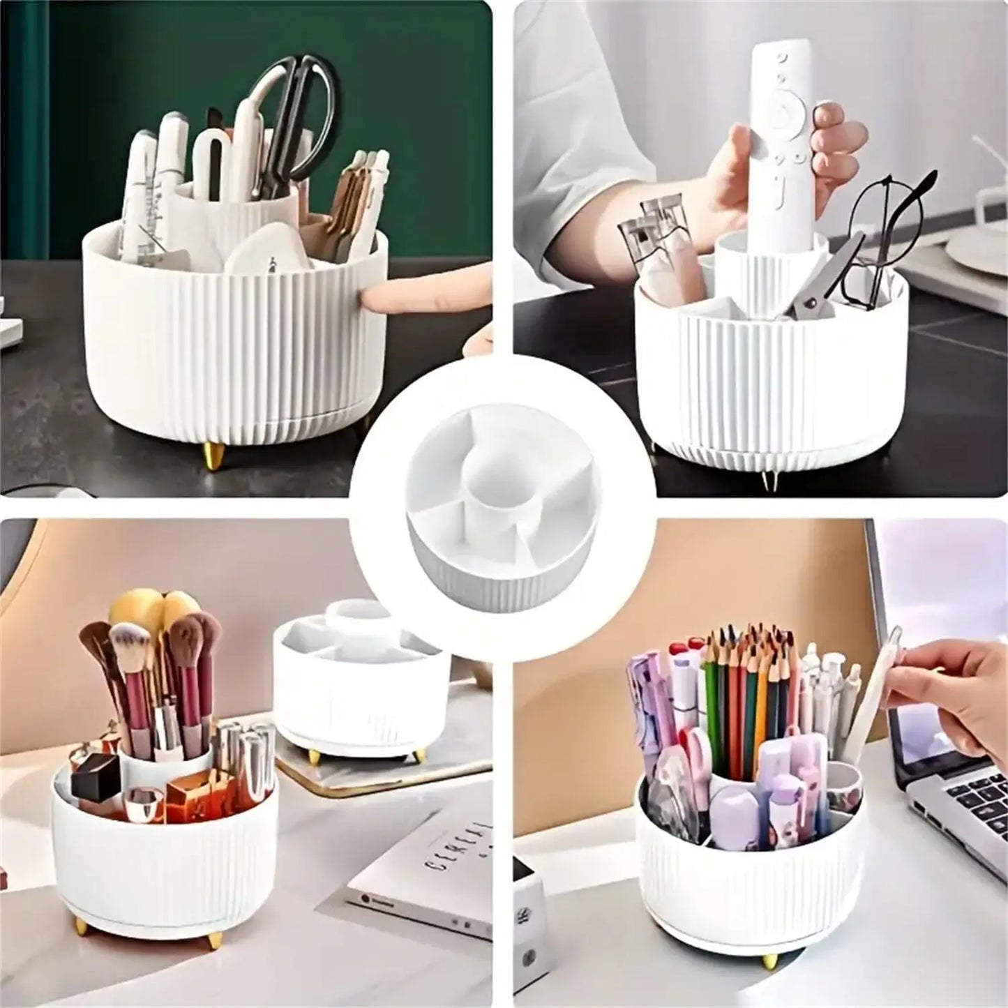 360° Rotating Makeup Organizer – 5-Compartment Cosmetic & Brush Holder
