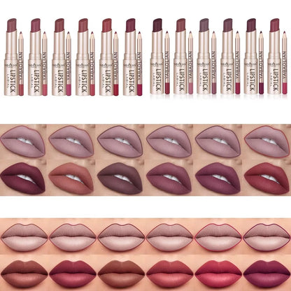 Professional 2PCS Lip Liner Lipstick Set Matte Finish High Pigment Long Lasting Waterproof Sweatproof Cosmetic Beauty Kit