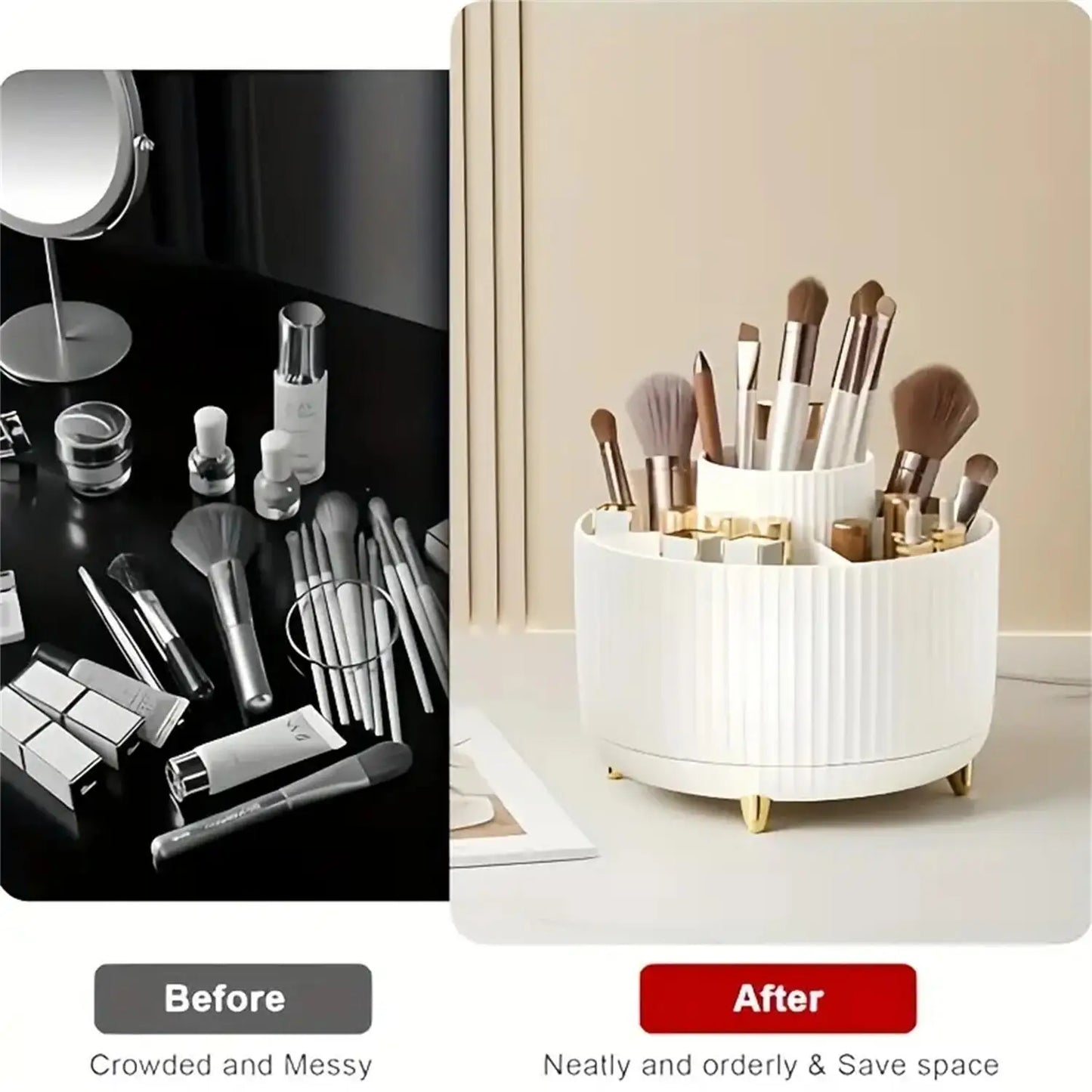 360° Rotating Makeup Organizer – 5-Compartment Cosmetic & Brush Holder