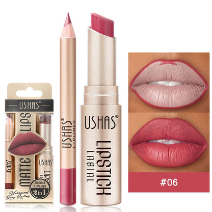 Professional 2PCS Lip Liner Lipstick Set Matte Finish High Pigment Long Lasting Waterproof Sweatproof Cosmetic Beauty Kit
