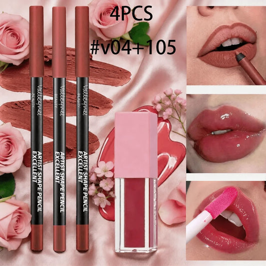4Pcs Lip Set:3 Precision Lipliners+1Plumping High-Shine Gloss. Shapes, defines, locks color&boosts lips for daily elegance