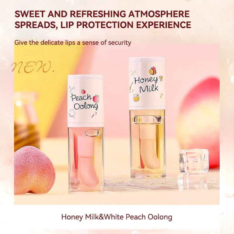Peach Milk Honey Lip Oil Relieves Dryness Moisturizing Lip Gloss Fades Lip Lines Water Light Lips Big Brush Head Cute