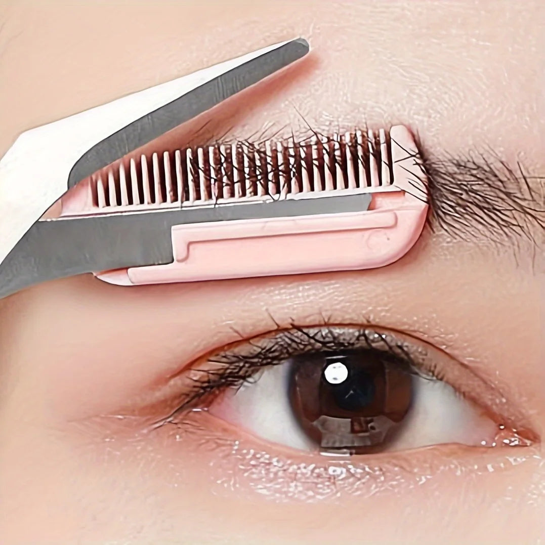 Pink Eyebrow Scissors with Comb – Stainless Steel Precision Trimmer