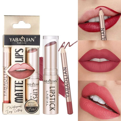 Professional 2PCS Lip Liner Lipstick Set Matte Finish High Pigment Long Lasting Waterproof Sweatproof Cosmetic Beauty Kit